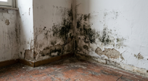 Macchie nere di muffa da condensa in un angolo di una casa a Bologna, fotografate da Christian Calace prima dell'intervento