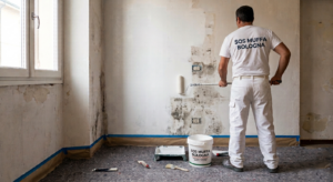Imbianchino Christian Calace che stende la pittura termica contro la muffa in una casa a Bologna utilizzando il rullo
